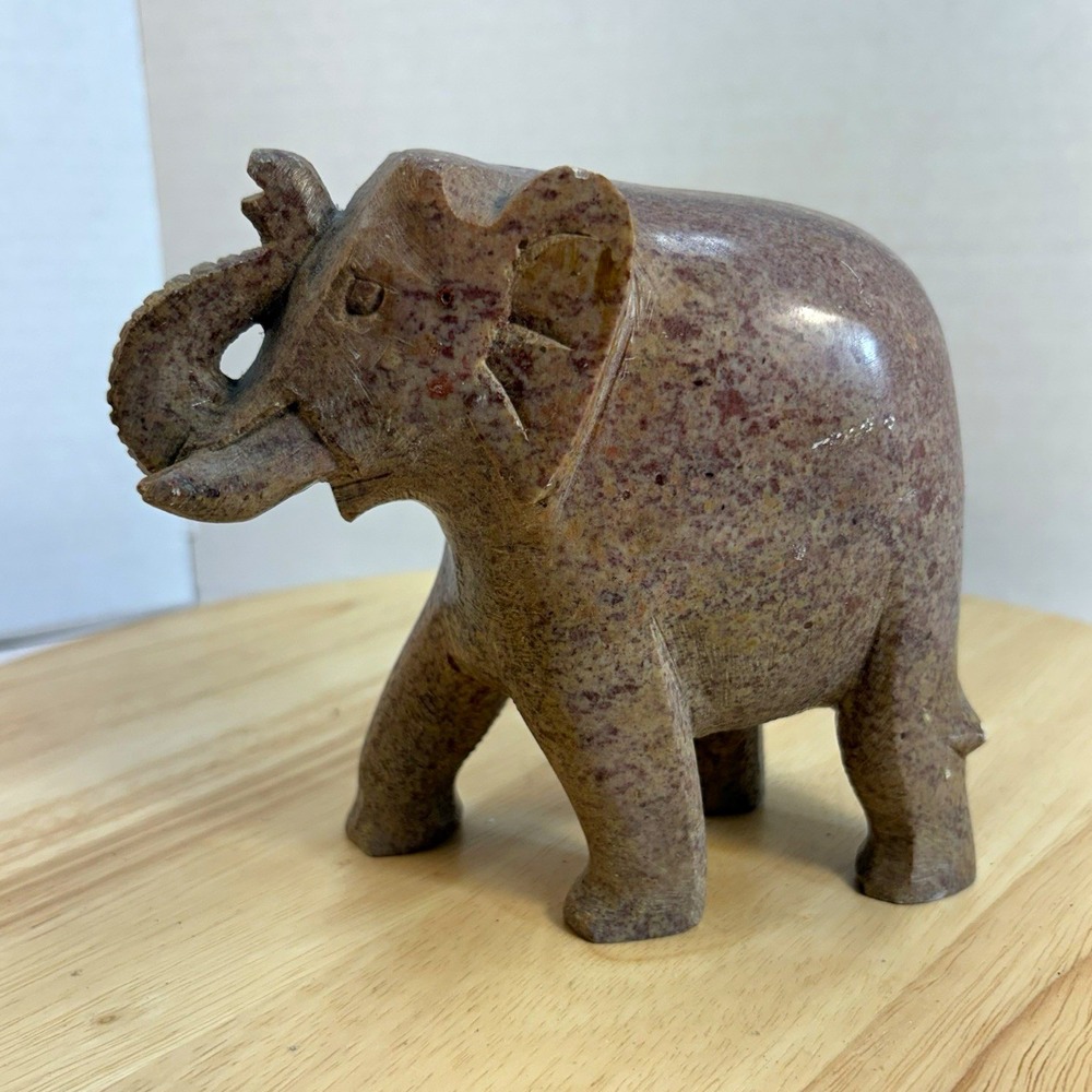 VTG Hand Carved Speckled Stone Elephant Figurine Trunk Up Good Luck Statue 5in